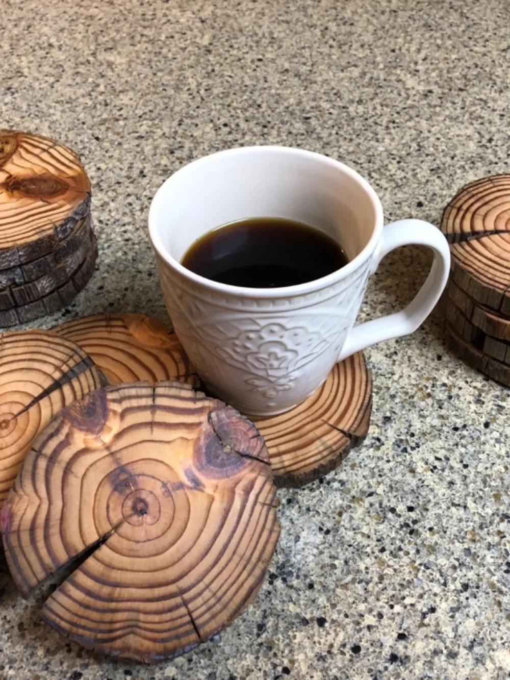 Rustic reclaimed wood coasters.